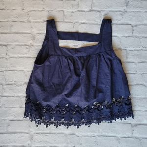 Belle Tweed navy blue sleeveless top size xl with lace trim and open back